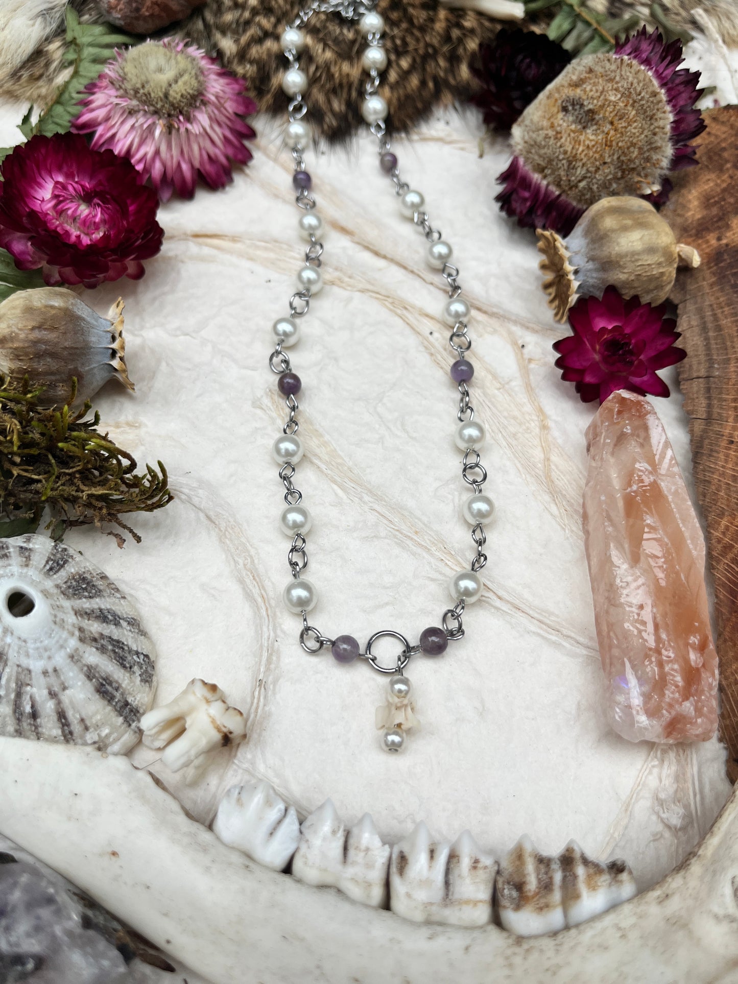 Amethyst & Pearl Snake Vertebra Necklace