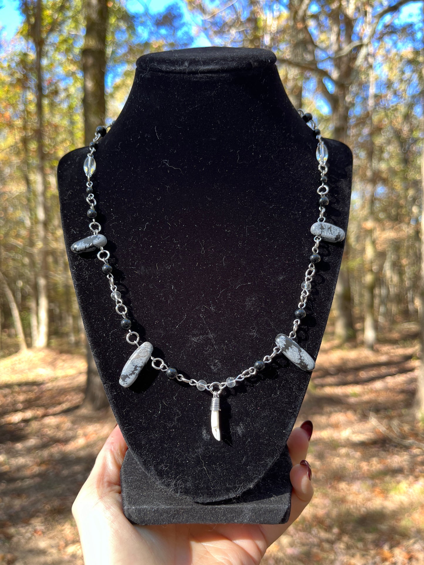 Deer and Snowflake Obsidian Necklace