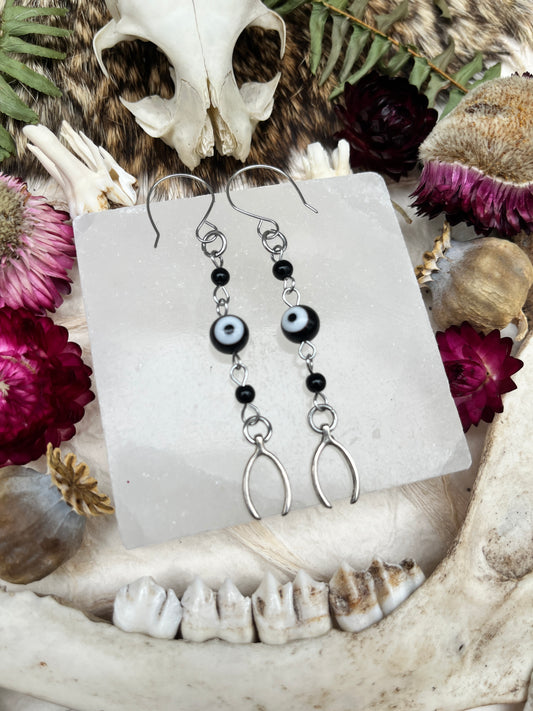 Evil Eye Wishbone Charm Earrings