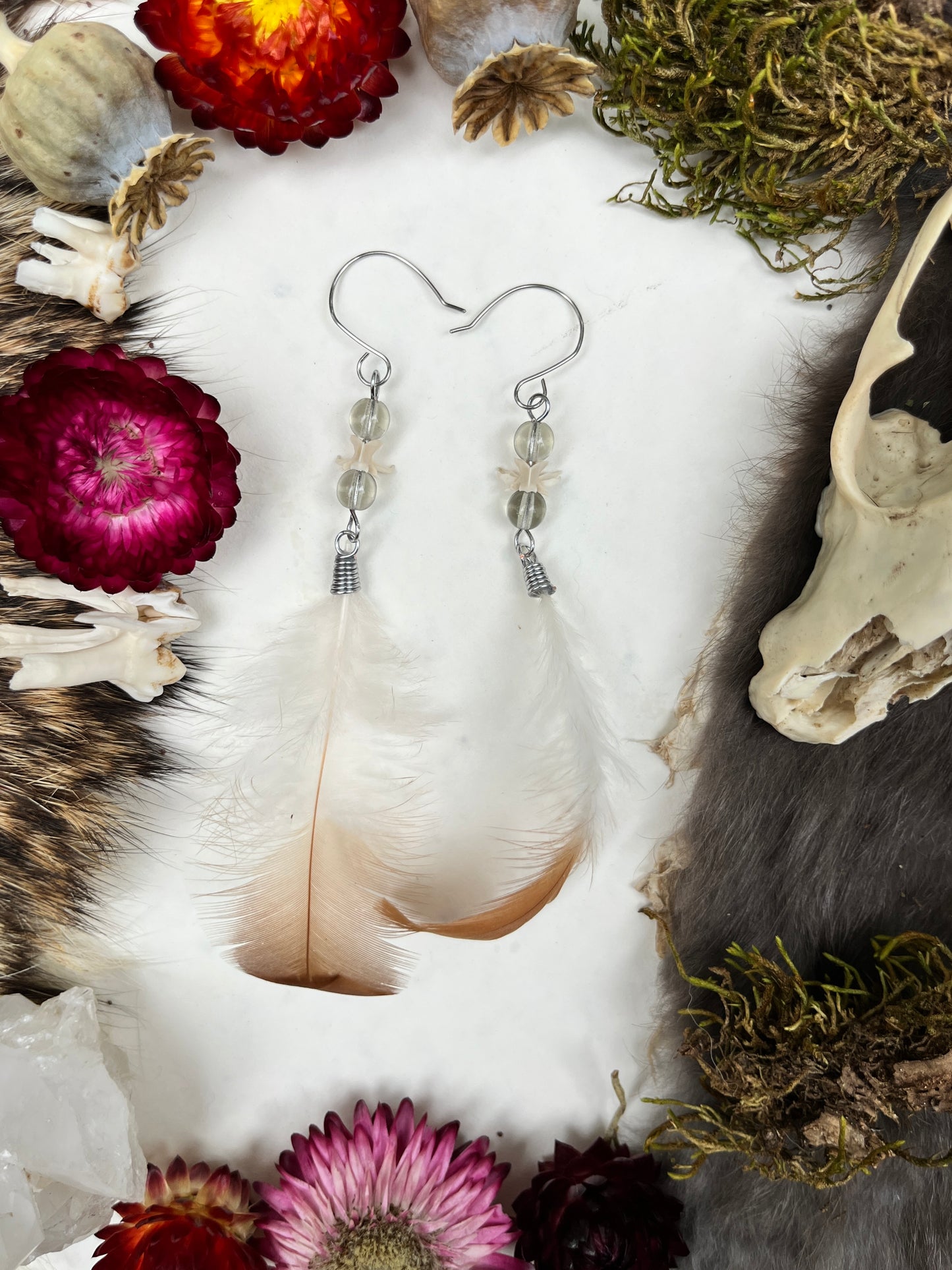 Chicken Feather & Snake Vertebra Earrings