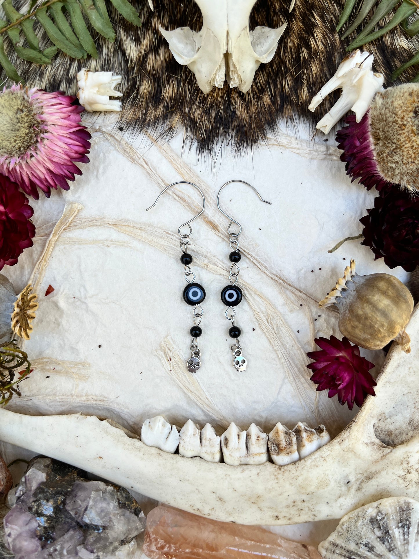 Evil Eye and Skull Charm Earrings