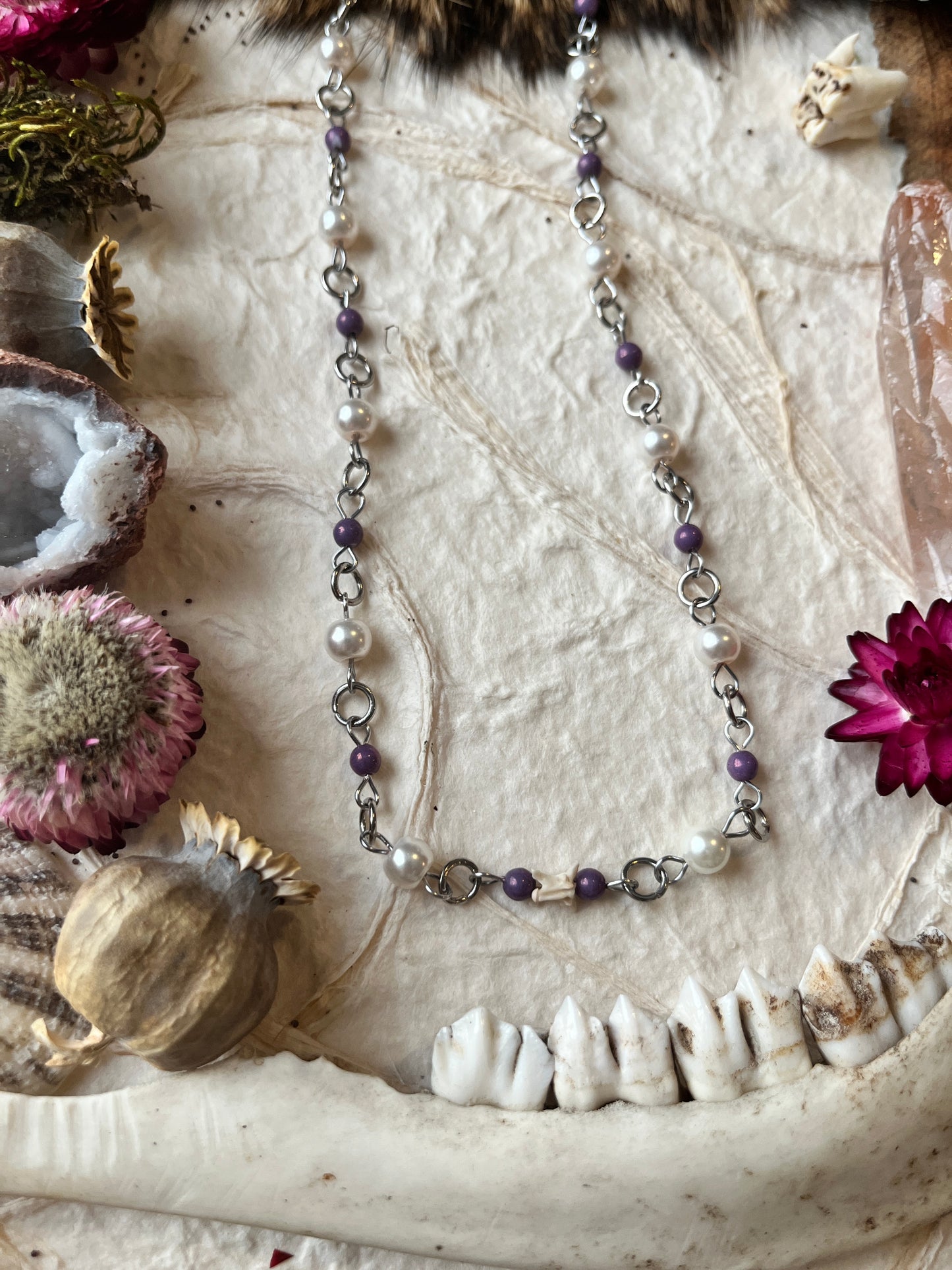 Amethyst & Pearl Snake Vertebra Choker