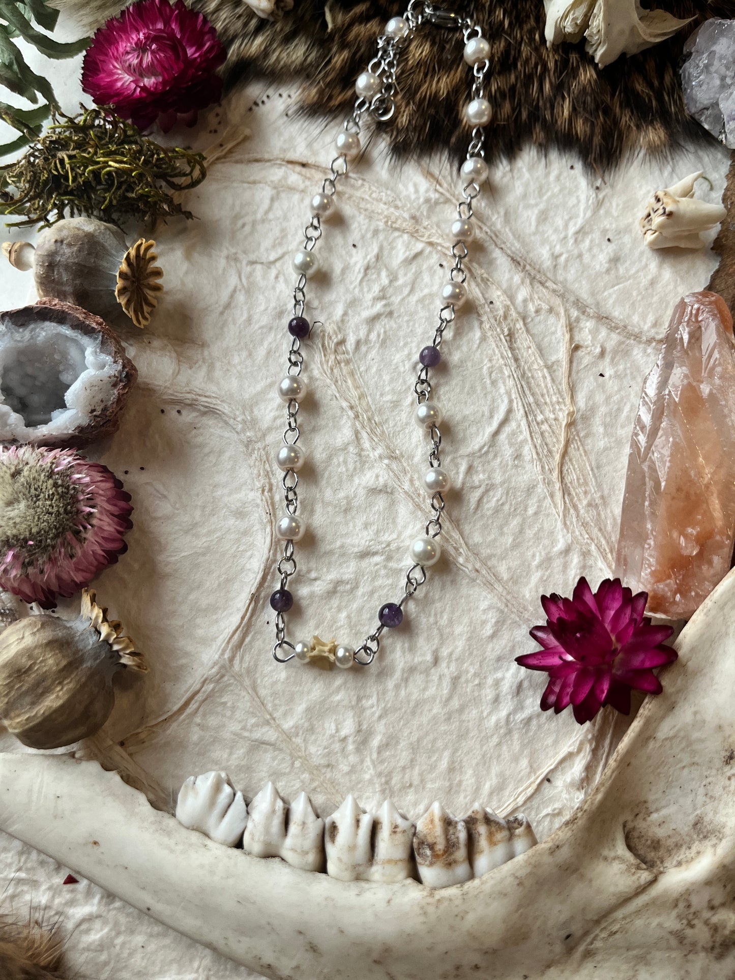 Amethyst & Pearl Snake Vertebra Choker